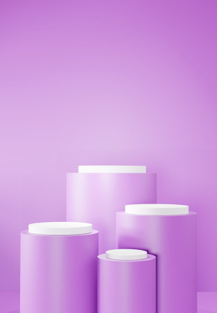 Product display on white round podiums against a vibrant purple background. Showcasing cosmetics, tech gadgets, fashion accessories, or luxury items. Perfect for e-commerce, advertising, and brandingの写真素材