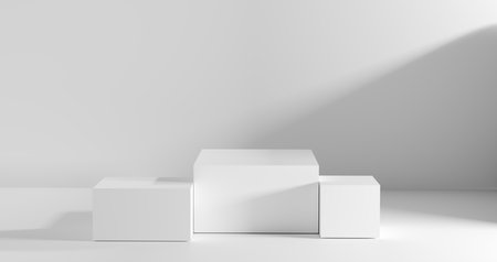 3D render podium, Square stand white pedestals under soft lighting, Creating minimalist background. Showcasing beauty, skincare, tech, or fashion products in e-commerce, ads, and branding visuals.の写真素材