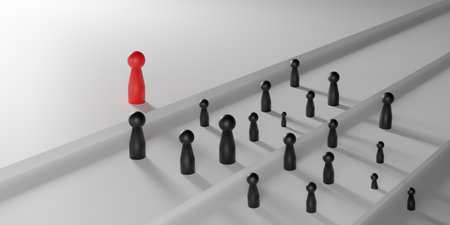 3D render highlights contrast and hierarchy for strong visual impact and conceptual clarity. Red doll stands out among white doll on black stairs, symbolizing leadership, individuality, and success.の写真素材