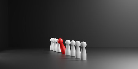 3D concept of leadership and talent management with a red wooden figure standing out from the crowd. Great for illustrating HR, teamwork performance, recruitment, and business growth visuals.の写真素材