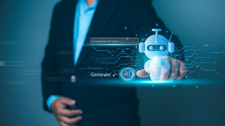 Person interacting with a glowing robot, AI integration, automation, future technology, artificial...
