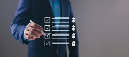 Recruitment, HR selection, candidate evaluation, human resources management, talent acquisition, professional staffing strategy, Manager using stylus to select employees on virtual checklist interfaceの写真素材