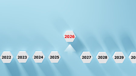 Hexagonal blocks with highlighting 2026 years in red. future planning, annual timelines, business...
