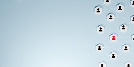 A network of connected blocks with black human icons, highlighting one red icon, on light blue background, symbolizing community, social networking, finding individuals, and digital interconnectednessの写真素材
