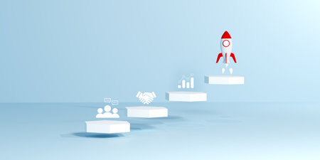 White steps with team communication, handshake, analytics, and rocket launch icon on blue background, representing startup business growth, strategic partnership, innovation, and market success.の写真素材