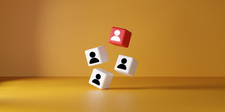 Red human icon cube stands out among white cubes on yellow background, symbolizing leadership, diversity, individuality, talent acquisition, and HR strategy. 3d render.の写真素材