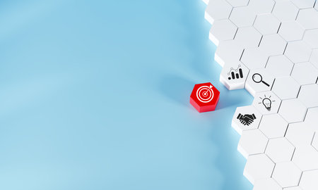 Red target icon stands out among white hexagonal block with business symbols on blue background, symbolizing goal setting, partnership, strategy, search, and innovation.の写真素材