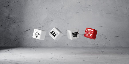 Target, teamwork, business, and handshake icons on floating 3D cubes symbolize innovation, teamwork,...