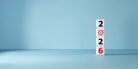 2026 is formed by stacked white cubes with a target icon on a clean blue background, representing...