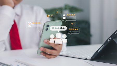 Customer feedback and rating icons displayed on smartphone screen held by hand. Online review, mobile marketing, digital reputation, and user experience concept.の写真素材