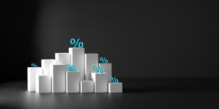 3D render of white bar graph with blue percentage signs on dark background, symbolizing financial growth, interest rates, market success, economic trends, and positive market trends.の写真素材