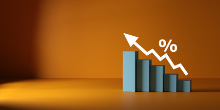 Growth illustrated by an white arrow rising over blue ascending bars on orange dark background, symbolizing business success, financial improvement, and positive market trends. 3D renderの写真素材