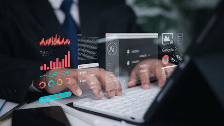Businessman using AI tools and big data analytics on virtual screen at workplace. Technology,...