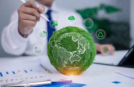 ESG Sustainability concept in office, carbon footprint, recycle, and renewable energy icons....