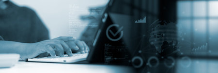 Smart business technology. Professional hands typing on keyboard in blue digital office with...
