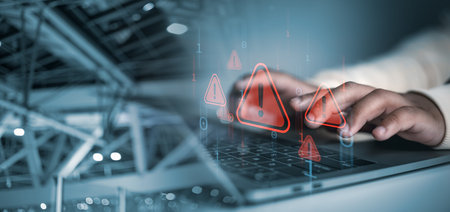 Cyber security concept, Hands typing on laptop with red cybersecurity warning icons overlay,...