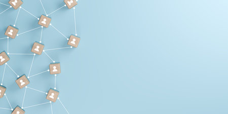 3D render of wooden cubes with people icons connected by white lines on a light blue background with...