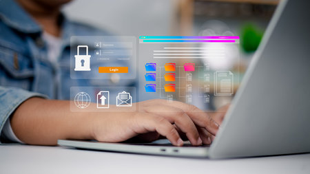 Data Security and Cloud Computing Interface. Person using a laptop with a futuristic interface...