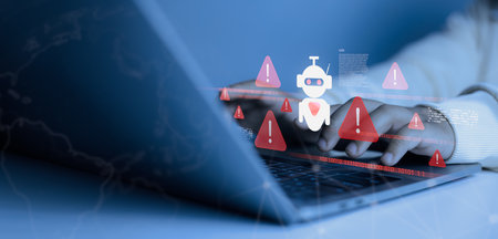 Hands typing on laptop with AI robot icon and warning alerts, concept of cybersecurity threat, malware attack, artificial intelligence risk, and online data protection.の写真素材