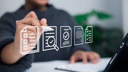 Businessman using digital pen with virtual document icons, online contract approval, electronic signature, and workflow process technology for modern business management.の写真素材