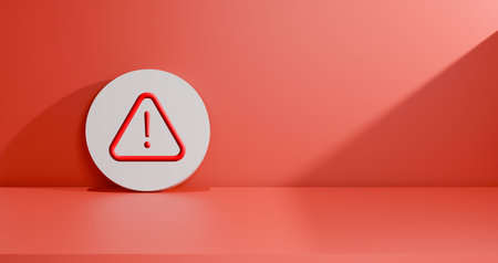 3D render of red warning symbol with exclamation mark in triangle on orange background. Concept of alert, caution, risk, danger, error, cybersecurity, notification, and digital system warning.の写真素材
