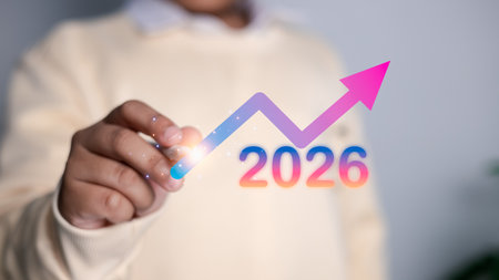 usiness growth trend with rising financial graph and year 2026. Future finance, investment, and technology concept showing upward success and positive market forecast.の写真素材