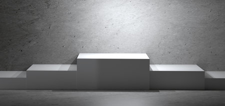 3D white podium stage with spotlight on gray concrete wall, modern minimal cube design for product display, exhibition mockup, fashion branding, and luxury showcase.の写真素材
