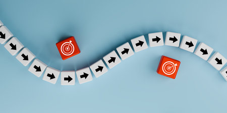 Business strategy and goal achievement concept with arrows pointing towards target icons, symbolizing innovation, leadership, decision making, direction, focus, success, and marketing growth.の写真素材