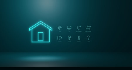 Smart home automation system with IoT technology, digital control icons for security, CCTV, lighting, temperature, and network, concept of modern lifestyle and connected living solutions.の写真素材