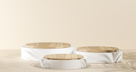 Minimal wooden podium display on beige background with tropical leaf shadow. Elegant round pedestal for product mockup, natural cosmetic branding, packaging presentation, or advertising design.の写真素材