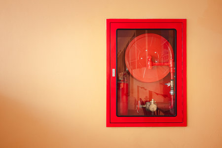 Red fire hose cabinet on beige wall, minimal industrial background with safety equipment, emergency protection system concept for building and architecture design.の写真素材