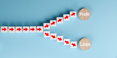 3D illustration showing red arrows splitting towards profit and loss on blue background, symbolizing...