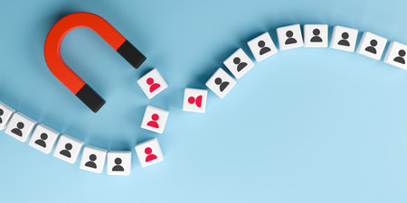 3D illustration of a red magnet attracting people icons on blue background, representing customer attraction, marketing strategy, and business growth.の写真素材