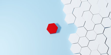 Minimalist 3d background featuring white hexagons with one unique red piece standing out. Conceptual image for cybersecurity flaw, uniqueness, individual leadership, and isolation.