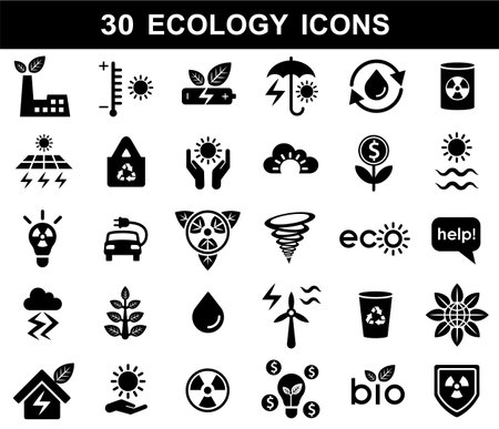 Ecology icons set, vector symbols, filled outline pictograms pack. Signs, logo illustration. Set includes icons as solar panel, wind turbine, solar energy, bio fuel, wind turbinesのイラスト素材