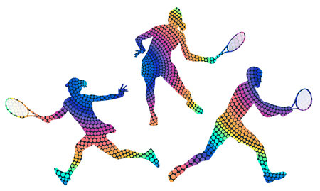 Set of silhouettes of tennis players vector background concept made of halftone colored dotsのイラスト素材