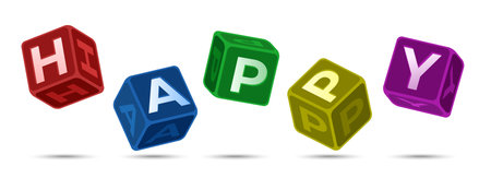 Playing dice with HAPPY written on it. Gambling dice - 3D cubes. Nice color vector illustration for...