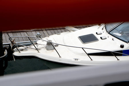 Motor boat on a trailer for transportの写真素材