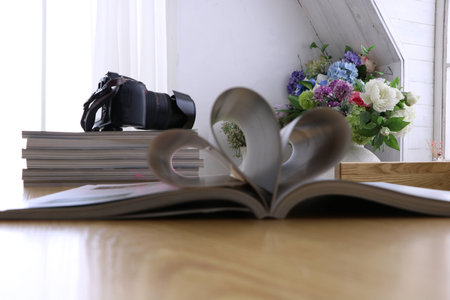 Above table books and flowers, cameraの写真素材