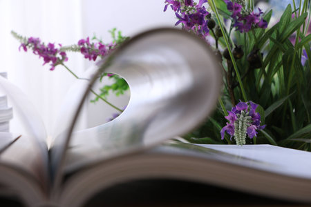 Above table books and flowers, cameraの写真素材