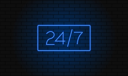 Open 24 7 Hours Neon Light on Brick Wall. Vector Illustration. 24 Hours Night Club Bar Neon Signのイラスト素材