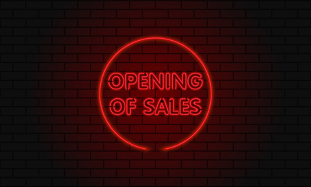 Neon sign open sale in a circle on brick wall backgroundのイラスト素材
