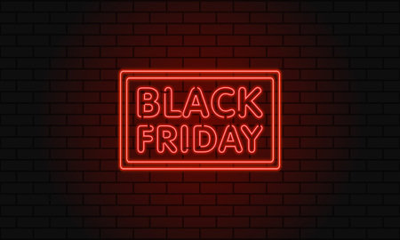 Dark web banner for black Friday sale. Modern neon red billboard on brick wall. Concept of advertising for seasonal offer with glowing neon textのイラスト素材