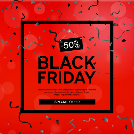 Black Friday Sale Poster with serpentine and confetti on Red Background with Square Frame. Vector illustration.のイラスト素材