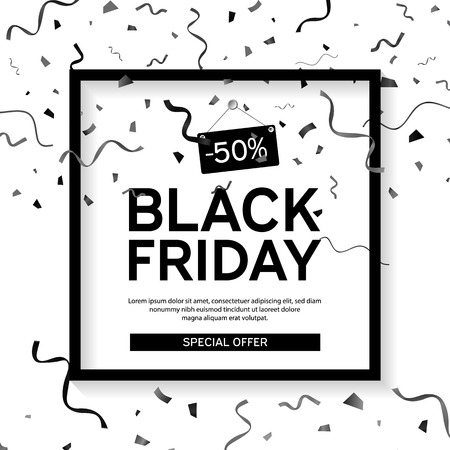Black Friday sale poster with serpentine and confetti on White background.のイラスト素材