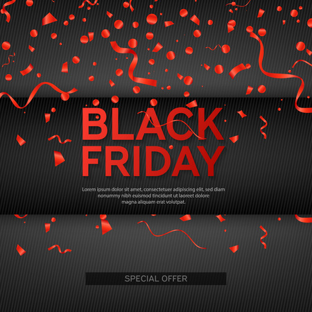 Black Friday Sale Poster with red serpentine and confetti on black Background. Vector illustration.のイラスト素材