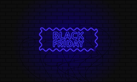 Dark web banner for black Friday sale. Modern neon blue billboard on brick wall. Concept of advertising for seasonal offer with glowing neon text.のイラスト素材