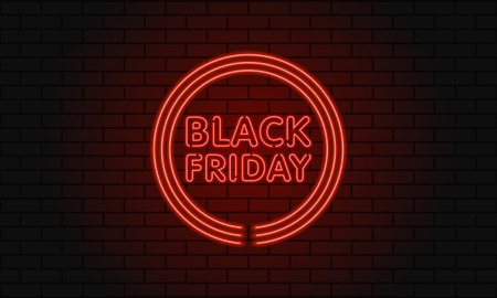 Dark web banner for black Friday sale. Modern circle neon red billboard on brick wall. Concept of advertising for seasonal offer with glowing neon text.のイラスト素材