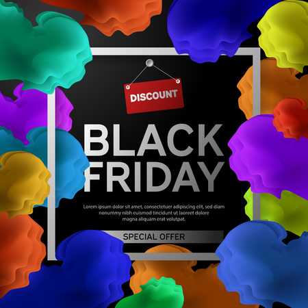 Black Friday Sale Poster with colorful cloud on Black Background with Square Frame. Vector illustration.のイラスト素材