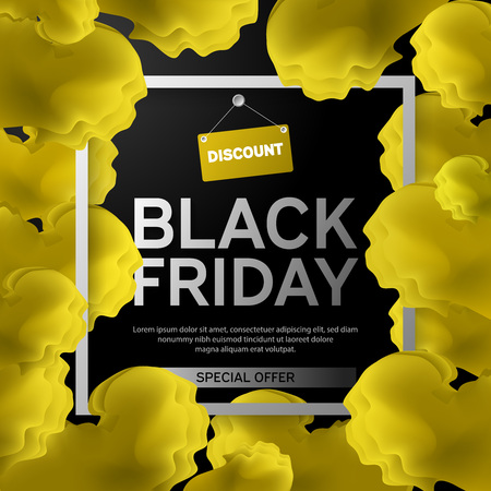Black Friday Sale Poster with yellow cloud on Black Background with Square Frame. Vector illustration.のイラスト素材